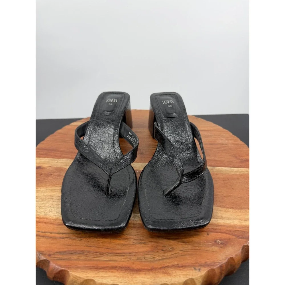 Zara Block Heel Thong Sandals Women 38 7 Black Square Toe Mules 3351/310/800